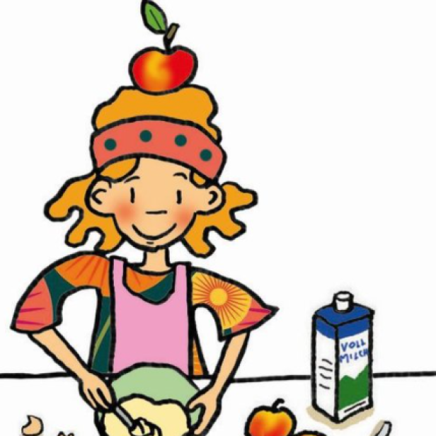 Ein Mädchen mit einem Apfel auf dem Kopf rührt Teig in einer Schüssel.