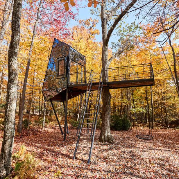 Ein modernes Baumhaus mit Spiegelglasfassade im herbstlichen Wald.