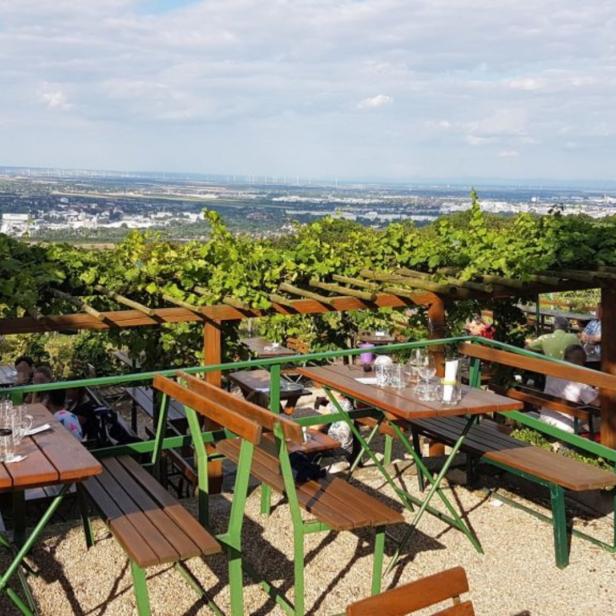 Ein Heuriger mit Tischen und Bänken bietet einen weiten Blick über die Landschaft.