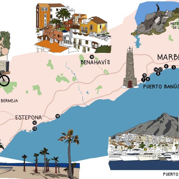 Eine illustrierte Karte der Küstenregion um Marbella und Estepona in Spanien.