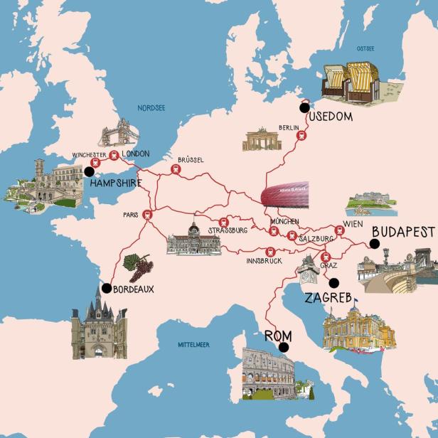 Eine illustrierte Karte von Europa mit eingezeichneten Städten und Sehenswürdigkeiten.