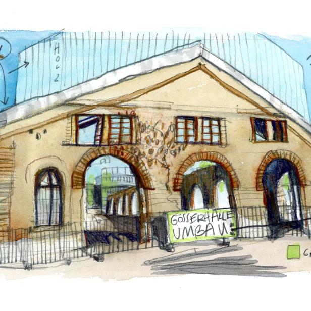 Eine Aquarellzeichnung der Gösserhalle, die sich im Umbau befindet, mit dem Slogan „Grün für Zukunft“.