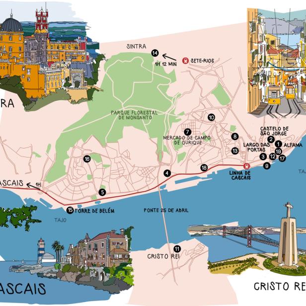 Eine illustrierte Karte von Lissabon und Umgebung mit Sehenswürdigkeiten wie Sintra, Cascais und Cristo Rei.