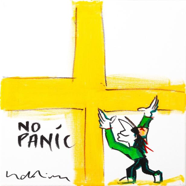 Ein Cartoon zeigt eine Figur, die ein gelbes Kreuz hält, mit der Aufschrift „No Panic“.