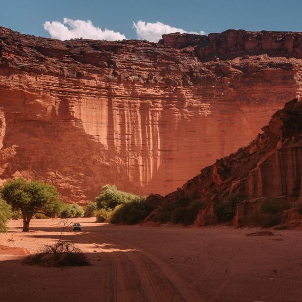 Ein Geländewagen fährt durch eine rote Felslandschaft mit grünen Bäumen.