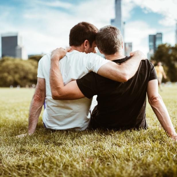 Zwei Männer sitzen auf einer Wiese, die Arme umeinander gelegt, mit Blick auf die Skyline einer Stadt.