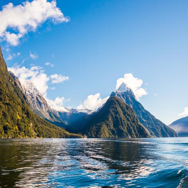 Blick auf den Milford Sound Fjord in Neuseeland mit Bergen und blauem Wasser.