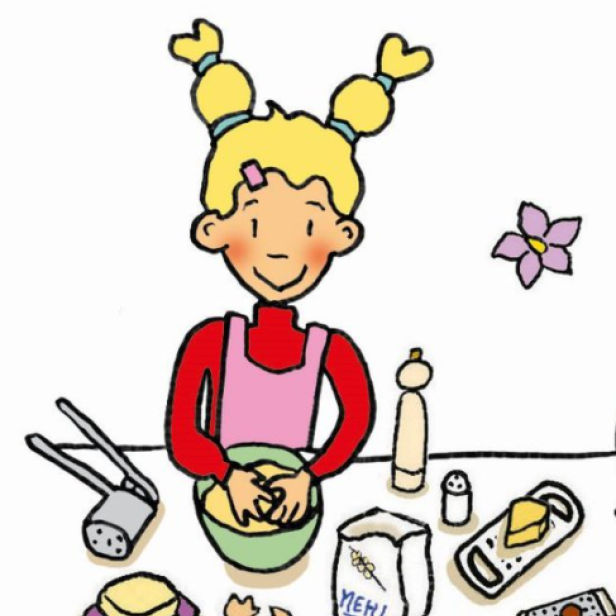 Ein blondes Mädchen mit Zöpfen knetet Teig in einer Schüssel.