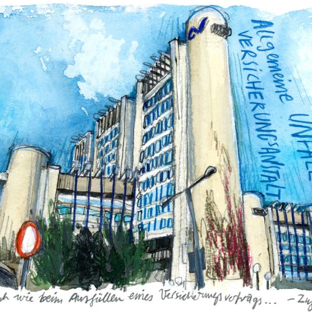 Aquarellzeichnung der Allgemeinen Unfallversicherungsanstalt unter blauem Himmel.