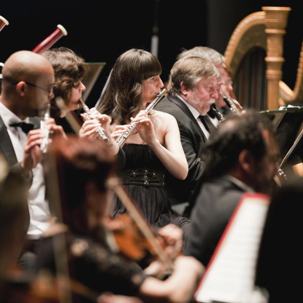 Ein Orchester spielt mit Flöten, Fagotten und Harfen vor dunklem Hintergrund.