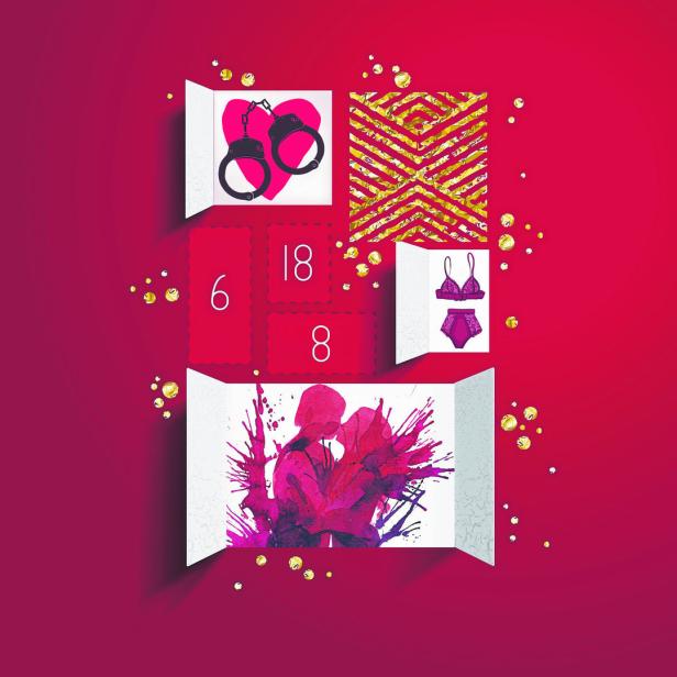 Ein Adventskalender mit erotischen Motiven auf rotem Hintergrund.