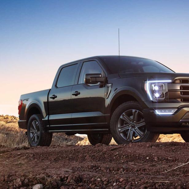 Ein schwarzer Ford F-150 Pickup steht auf einem Hügel.