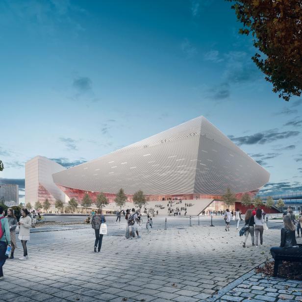 Eine Visualisierung der Wien Holding Arena, einer Eventhalle in Wien, basierend auf einem Architekturwettbewerb.