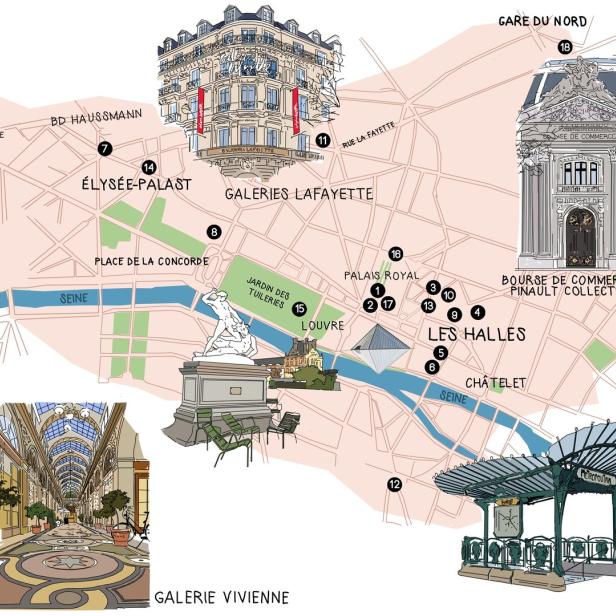 Eine illustrierte Karte von Paris mit Sehenswürdigkeiten wie dem Eiffelturm und dem Louvre.