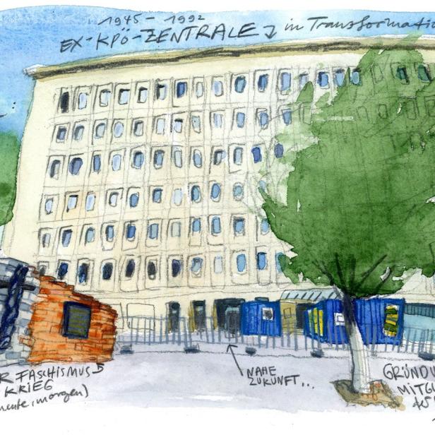 Eine Aquarellzeichnung des ehemaligen KPÖ-Zentrums in Wien-Brigittenau, das bis 2021 umgebaut wurde.