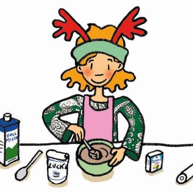 Eine Frau mit Rentier-Haarreif rührt Teig in einer Schüssel, umgeben von Zutaten wie Milch und Zucker.