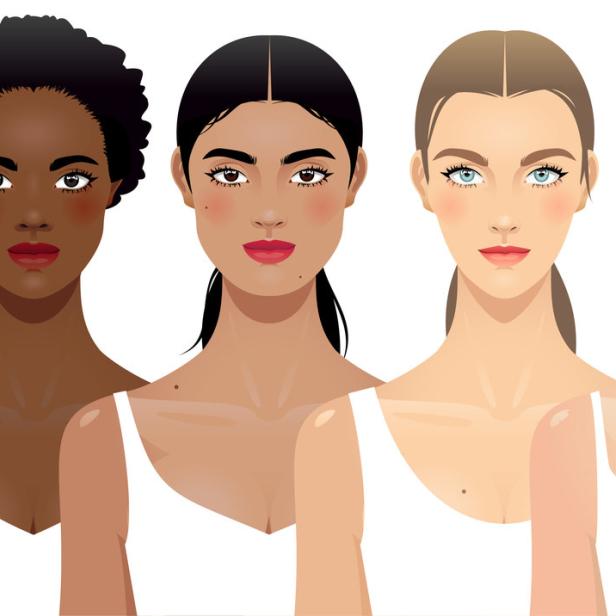Eine Reihe von sechs Frauen mit unterschiedlichen Hauttönen und Frisuren, die weiße Oberteile tragen.
