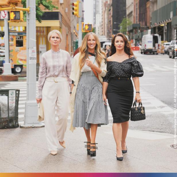 Sarah Jessica Parker, Cynthia Nixon und Kristin Davis bei Dreharbeiten für „And Just Like That…“ in New York.