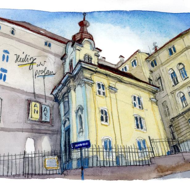 Eine Aquarellzeichnung einer Kirche in der Stadt mit dem Schriftzug „Das Kirchlein ist flexibel“.