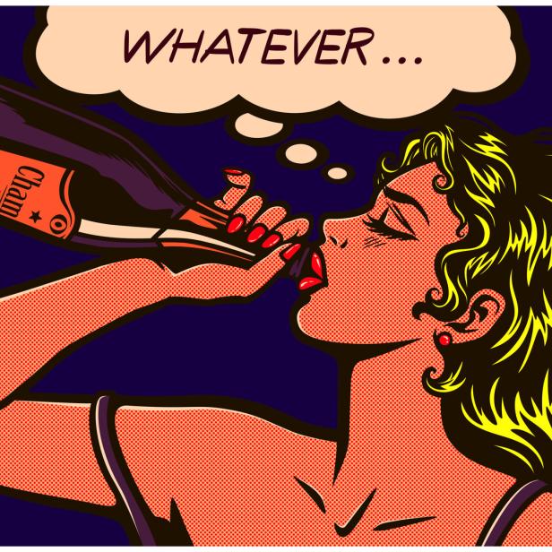 Eine Frau im Pop-Art-Stil trinkt direkt aus einer Champagnerflasche, während sie „Whatever…“ denkt.