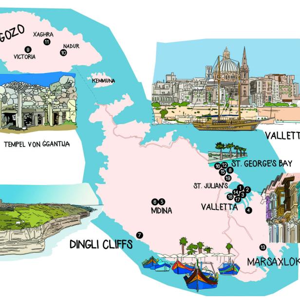 Eine illustrierte Karte von Malta mit Sehenswürdigkeiten wie Valletta, Gozo und den Dingli Cliffs.