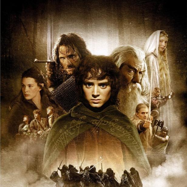 Das Filmplakat für „Der Herr der Ringe“ zeigt Frodo, Gandalf, Aragorn und andere Charaktere.