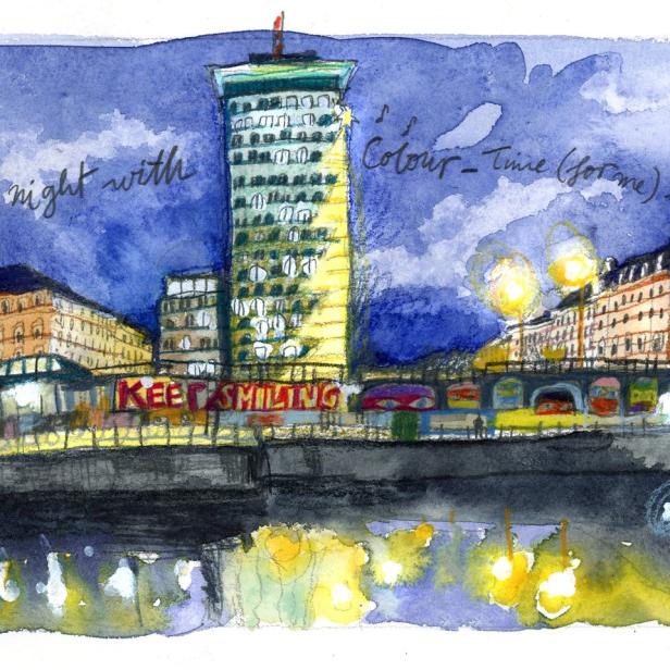 Eine Aquarellzeichnung einer Stadtlandschaft bei Nacht mit einem hohen Gebäude und dem Schriftzug „Keep Smiling“.