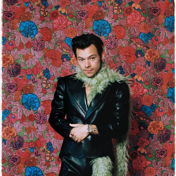 Harry Styles posiert vor einem floralen Hintergrund mit einer grünen Federboa.