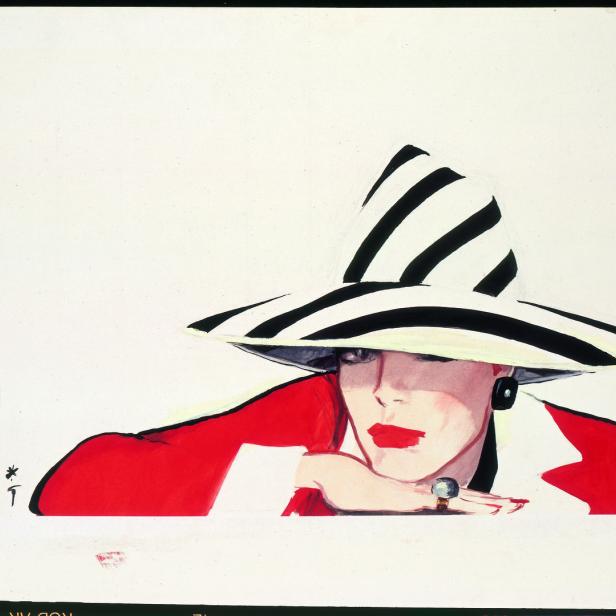 Illustration einer Frau mit einem gestreiften Hut, rotem Blazer und roten Lippen.