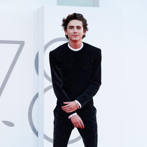 Timothée Chalamet posiert auf dem roten Teppich in einem glitzernden schwarzen Anzug.