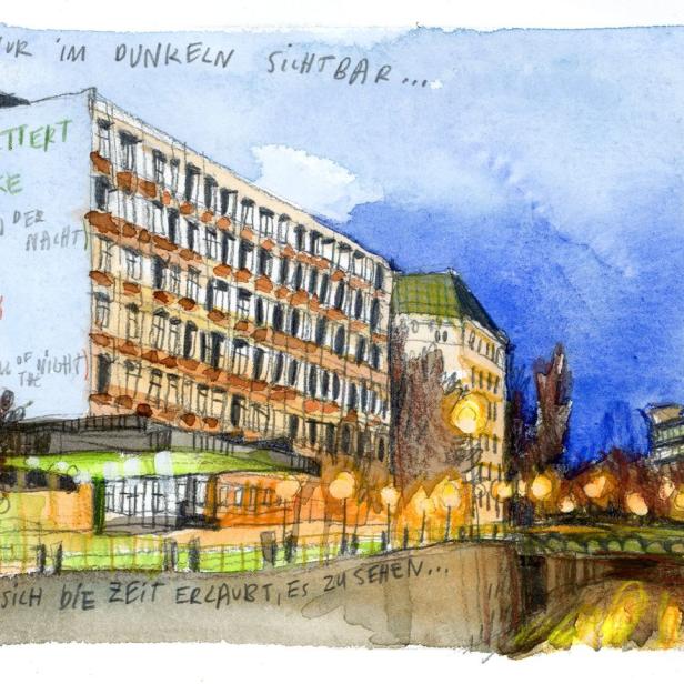 Eine Aquarellzeichnung eines Gebäudes mit dem Schriftzug „Zershmmettert in Stücke“.