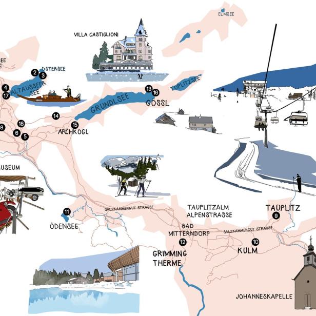 Eine illustrierte Karte der Region um Altaussee mit Seen, Bergen, Sehenswürdigkeiten und Ortsnamen.