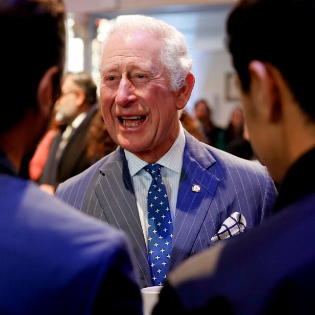 König Charles III. spricht mit zwei Personen bei einer Veranstaltung.