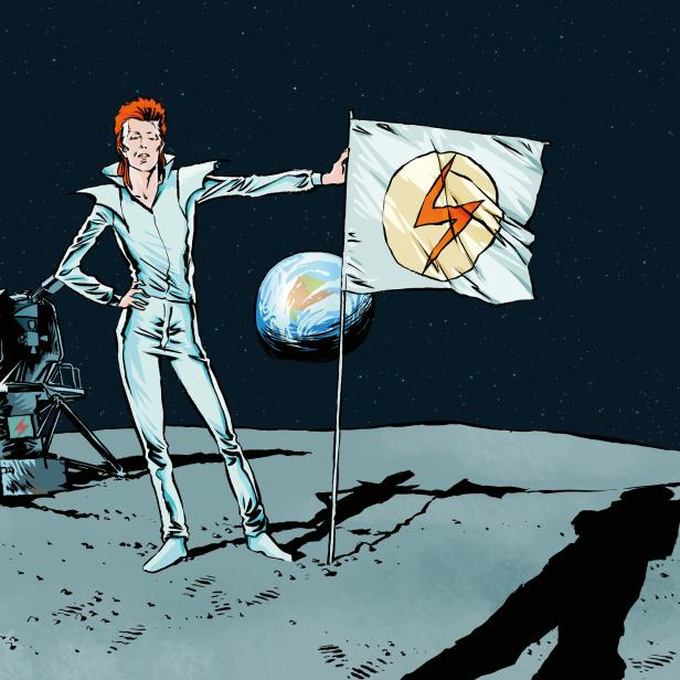 Ein stilisierter David Bowie steht auf dem Mond mit einer Flagge und der Erde im Hintergrund.