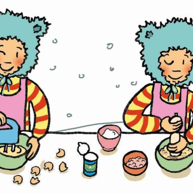 Ein Kind mit Bärenmütze backt in vier Schritten Plätzchen im Winter.
