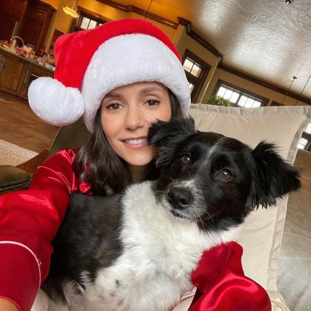 Eine Frau mit Weihnachtsmütze umarmt einen Hund.