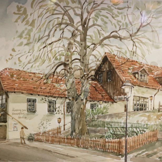 Aquarellmalerei eines Gasthofs mit rotem Ziegeldach und einem Baum davor.