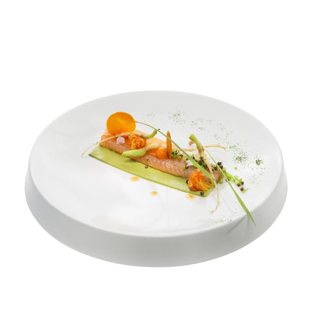 Ein Teller mit kunstvoll angerichtetem Lachs, Gemüse und Kräutern auf einem hellgrünen Bett.