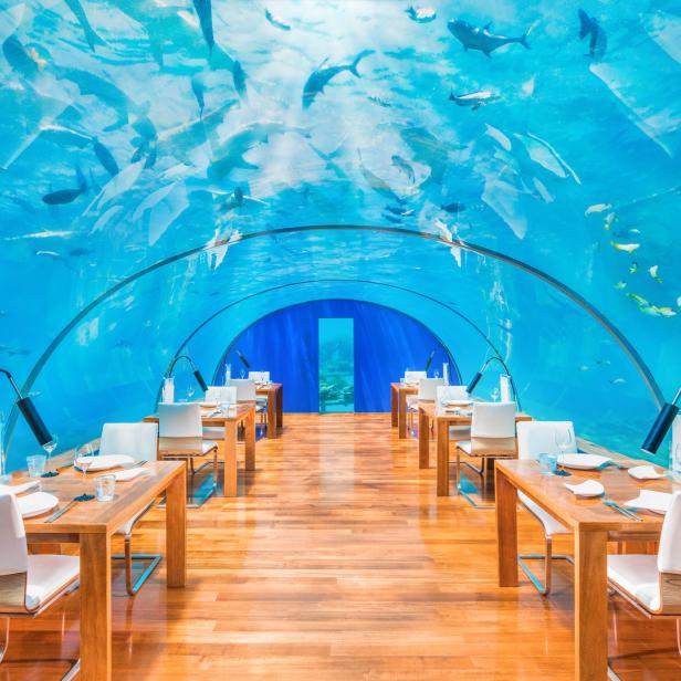 Ein Unterwasserrestaurant mit Tischen und vielen Fischen über den Gästen.