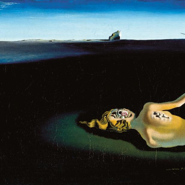 Das Gemälde „Zerfallende Venus mit Schubladen“ von Salvador Dalí zeigt eine liegende, fragmentierte weibliche Figur in einer surrealen Landschaft.