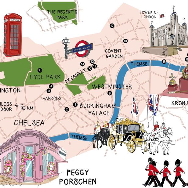 Eine illustrierte Karte von London mit Sehenswürdigkeiten wie dem Buckingham Palace und dem Tower of London.
