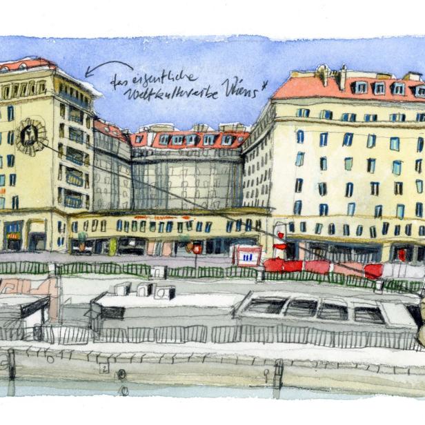 Eine Aquarellzeichnung des Georg-Emmerling-Hofs in Wien, ein Beispiel für sozialen Wohnungsbau.