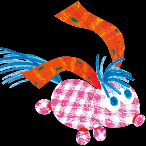 Eine gezeichnete Stoffpuppe mit einem rosa-weiß karierten Körper und einem orangefarbenen Schal.