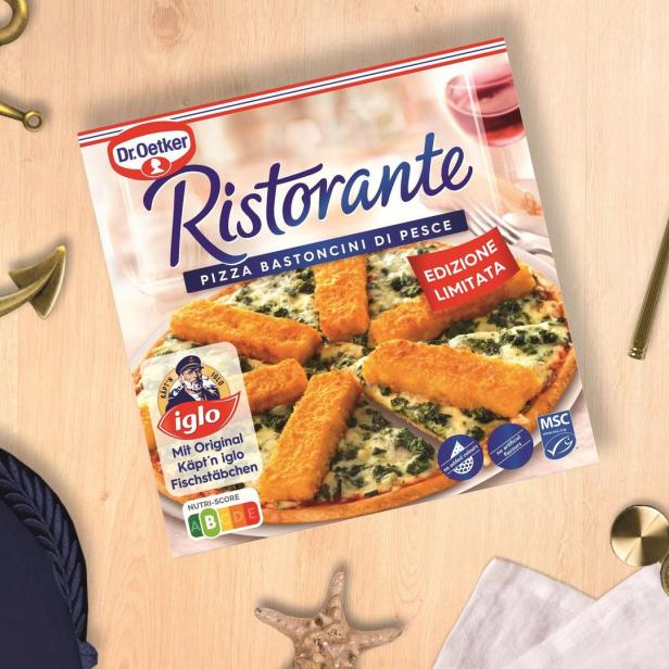 Eine Packung „Ristorante Pizza Bastoncini di Pesce“ mit Fischstäbchen von Dr. Oetker und Iglo.
