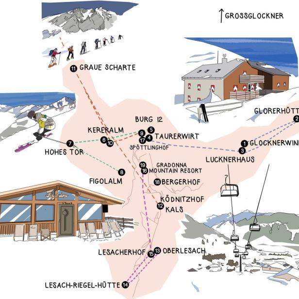 Eine illustrierte Karte des Skigebiets Großglockner mit verschiedenen Hütten und Pisten.