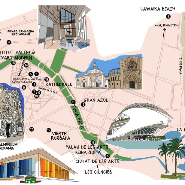 Eine illustrierte Karte von Valencia, die Sehenswürdigkeiten und Viertel hervorhebt.