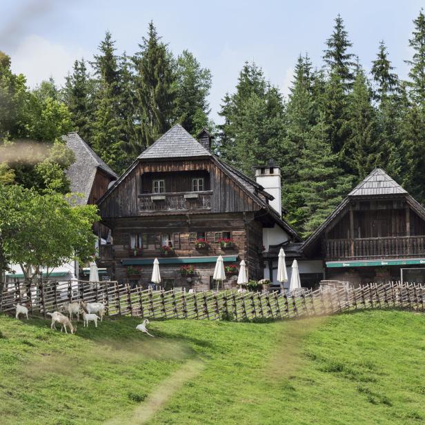 Ziegen grasen vor einem traditionellen Holzhaus in den Bergen.