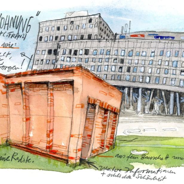Eine Aquarellzeichnung eines unfertigen Backsteingebäudes vor einem Bürogebäude, betitelt „Vorsorgewohnung“.