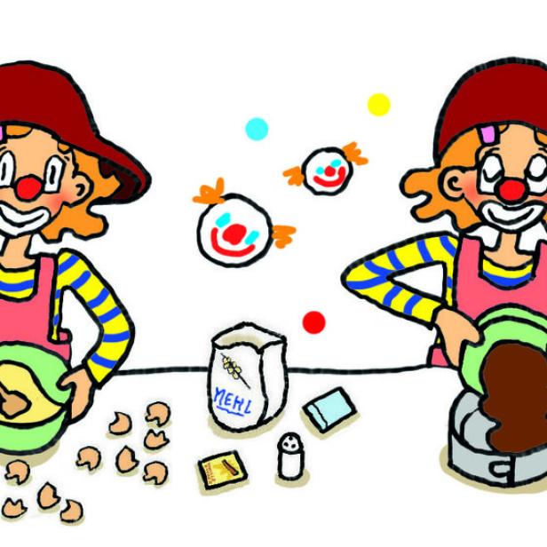 Ein Clown bereitet in vier Schritten einen Kuchen zu.