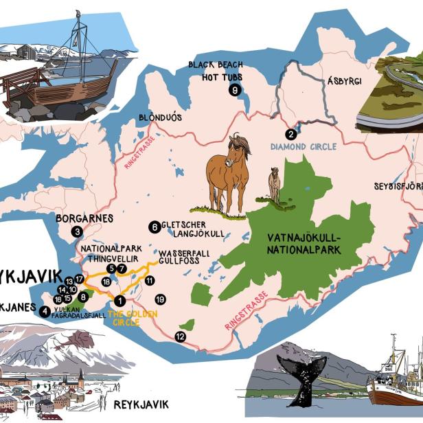 Eine illustrierte Karte von Island mit Sehenswürdigkeiten wie Reykjavik, dem Golden Circle und dem Vatnajökull-Nationalpark.